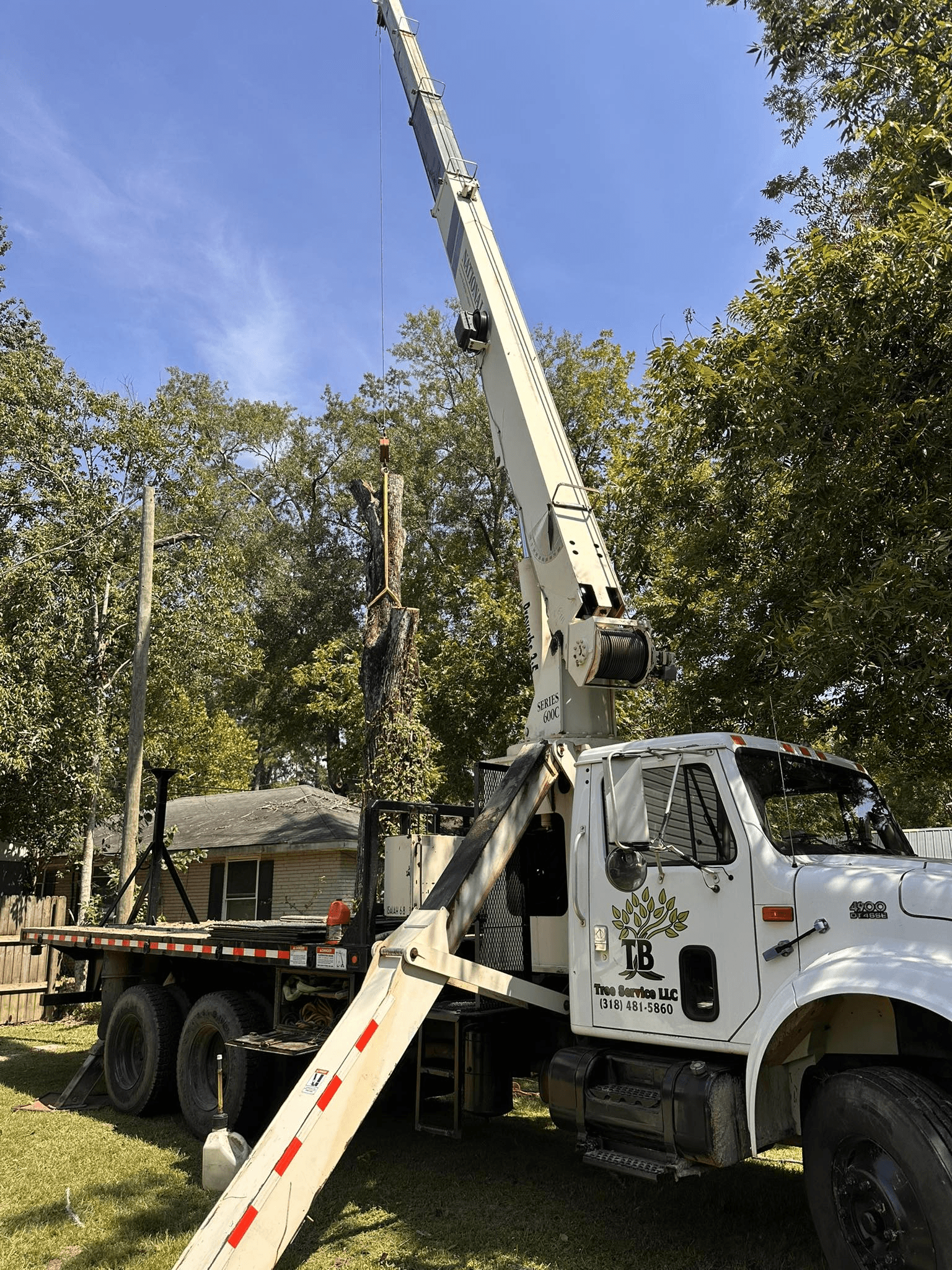 Crane lifting a stump or trunk section during removal