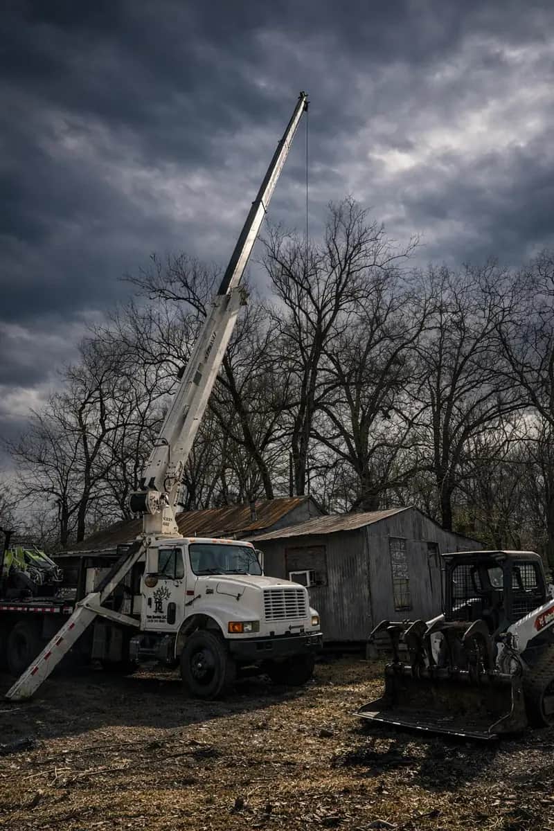 Crane truck and bobcat working together on a job site