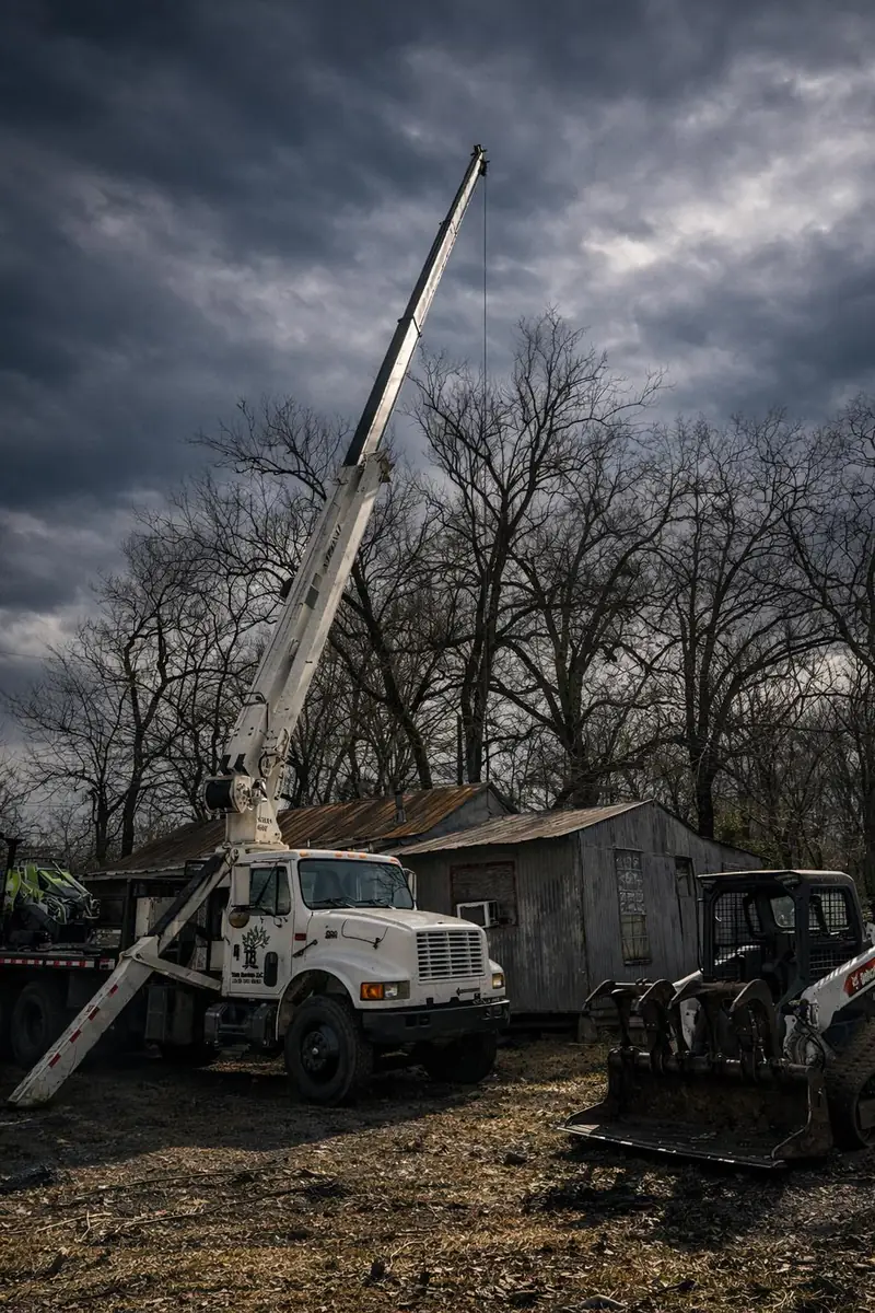 Crane truck and bobcat working together on a job site